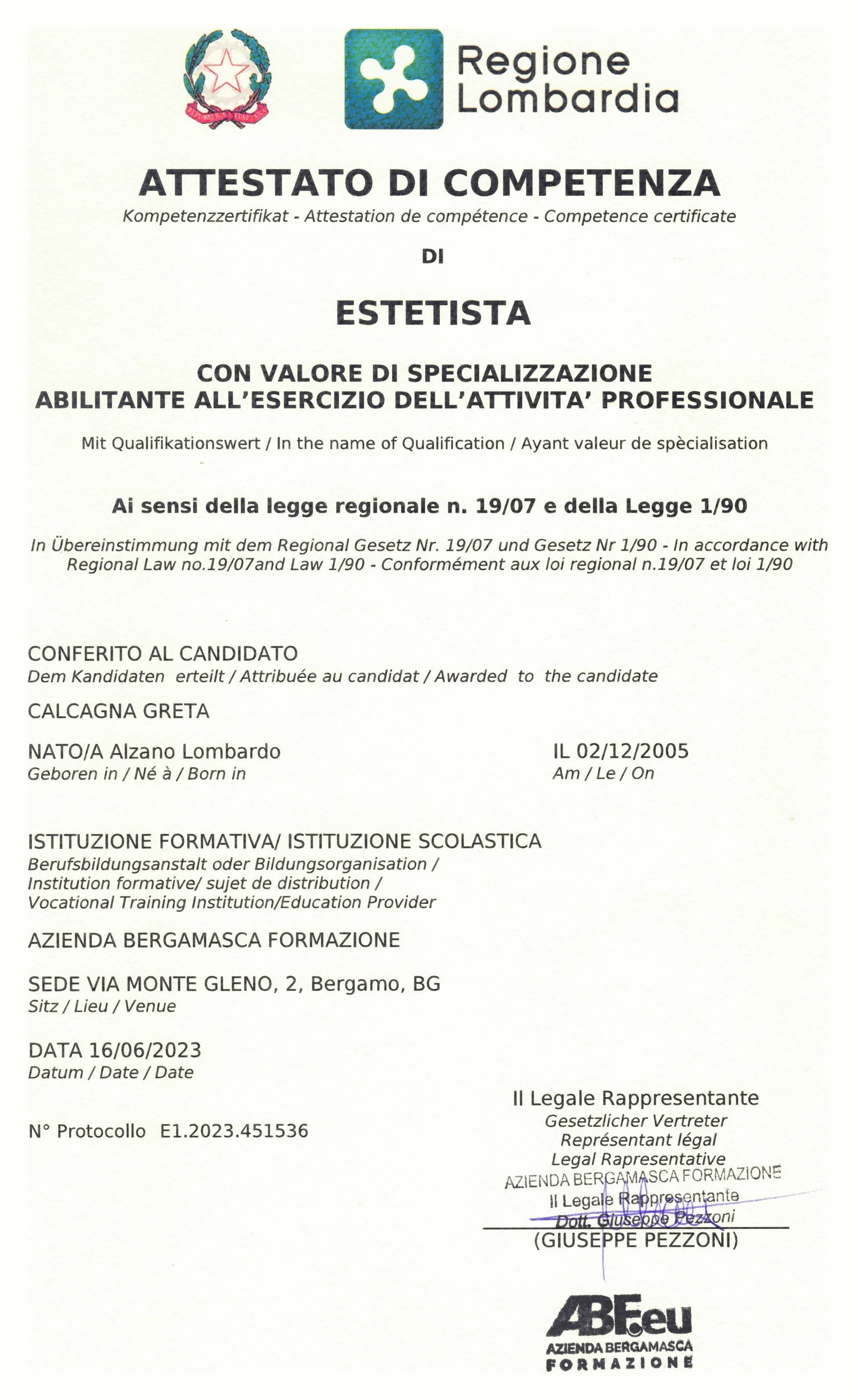 Attestato: Attestato di competenza — Estetista