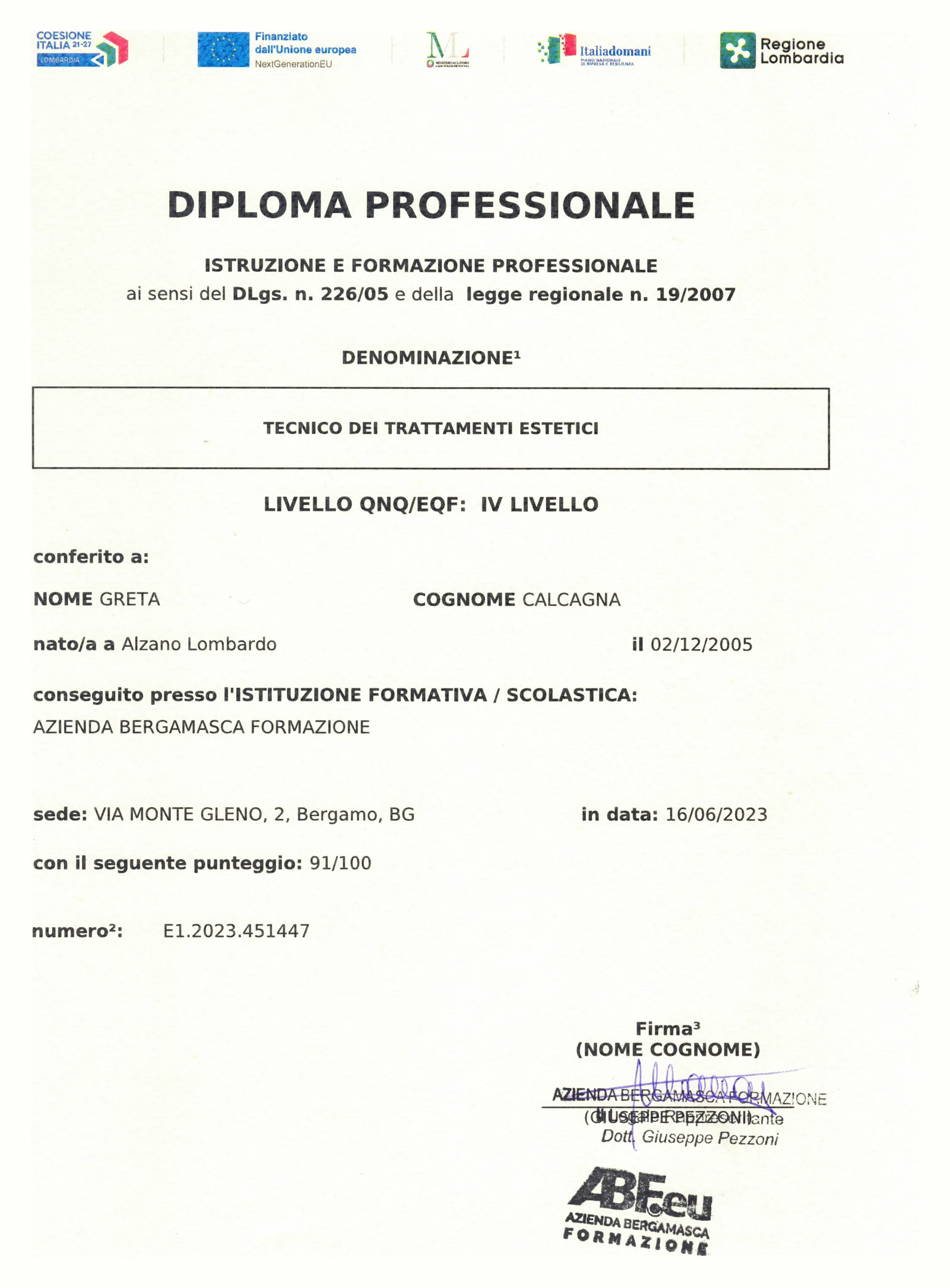Attestato: Diploma professionale — Tecnico dei trattamenti estetici