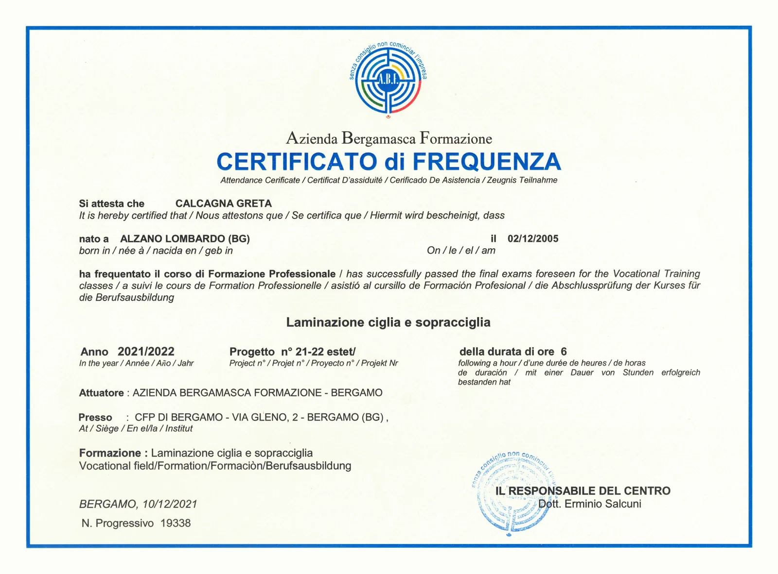 Attestato: Laminazione ciglia e sopracciglia